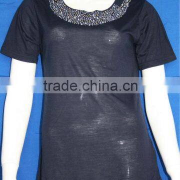 Beaded neck fashion cotton short sleeve ladies t shirt