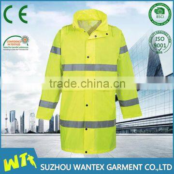 100% polyester fabric high visibility yellow safety waterproof long raincoat for men