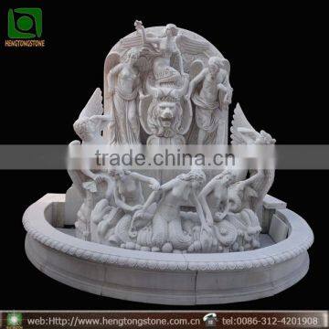 White Marble Carved Angel Wall Water Fountain with Lion Head