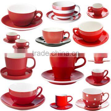 Red White Color Glazed Ceramic Stoneware Coffee Tea Cups and Saucers Sets