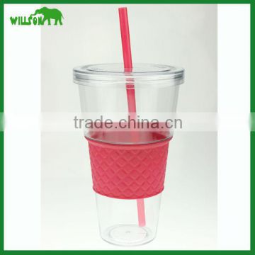 BPA-Free Double Wall Plastic ice tumbler cup with straw