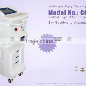 2012 vertical hot e-light advanced IPL hair removal function+ newest RF skin lifting system+skin cooling technologies,use he