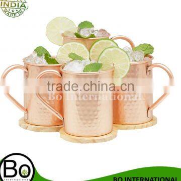 Moscow Mule Copper Mugs Set of 4 - 16 Ounce with 4 Artisan Hand Crafted Wooden Coasters