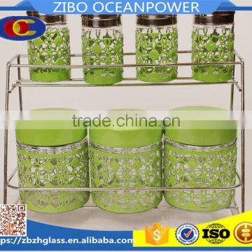 Double-deck Embossing Metal Cover Glass Canister & Spice Jars Set