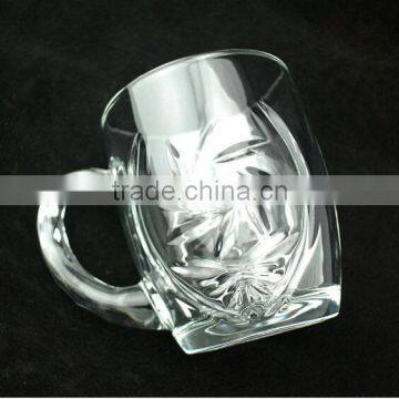 Embossed flower logo glass mug transparent glass mug cheap glass mug