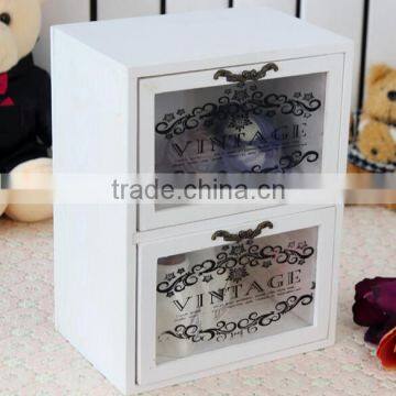 2016 Mediterranean style white printing flowers glass wooden container wood storage box jewelry cabinet