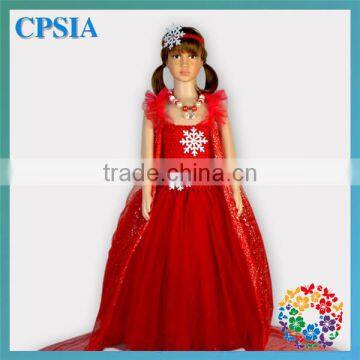 Children Boutique Clothing Girls Fancy Long Red Glitter Cape Snowflake Flower Tulle Dress Christmas Wholesale photo-3