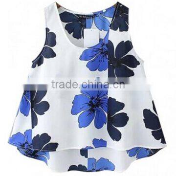 Girls Chiffon Sleeveless Blue And White Print Loose Casual Tank Top