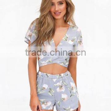 2016 Fashionable Floral Printed Bandage Crop Top And Shorts Sets photo-2