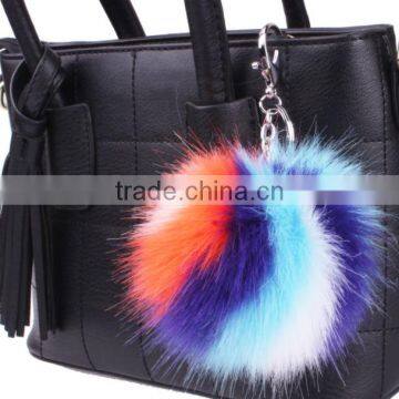 2017 new design rainbow color fur pom pom keychain bag charms wholesale Fur ball bag charms fur ball charms for woman hand bags