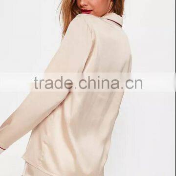 Custom Design Plain Nude Satin Pyjama Set With Contrast Burgundy Piping Button Top With Shorts photo-3