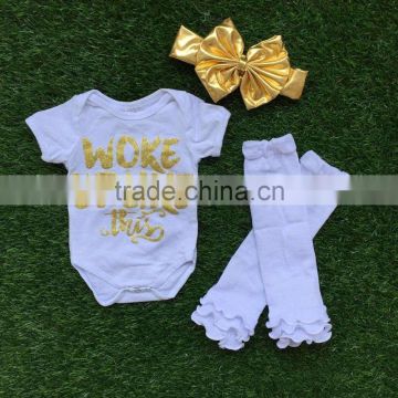 baby girls boutique clothing infant girl kids clothes white gold bus romper with matching headband and legwarmer set