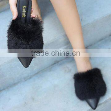 2017 Spring and Autumn Flat With Pointed Rabbit Hair Slippers Baotou Flat Hair Plush Half Autumn Autumn New Lazy Slippers photo-3