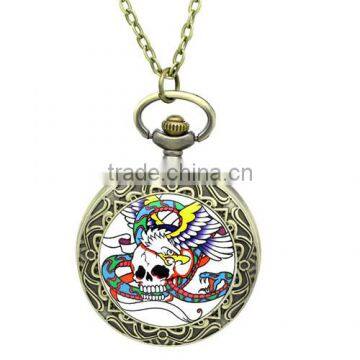 Round Antique Bronze Halloween Skull & Eagle Pattern Battery Included Pocket Watches 82cm