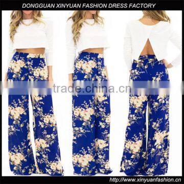 Women High Waist Floral Printed Loose Long Beach Trousers Ladies Wide Leg Pants