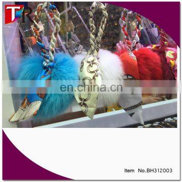 rabbit fur pom pom bag charm attached with silk ribbon ,new design keychain in faux fur