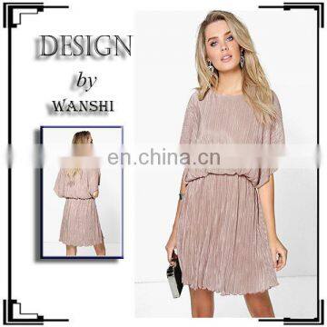 Summer Pleated Kimono Sleeve Skater Dress Elegant Women Dresses photo-3