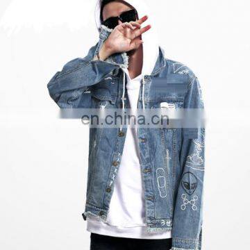 wholesale distressed denim jackets -Plain with Collar and Ban Blue Black denim Bomber jacket/latest design