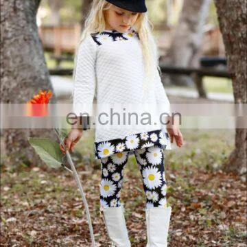 Girls White & Black Daisy Print Long Sleeve Side Slit Cuffed Tunic Matching Leggings Set Kids Clothing Girls Fall Bou photo-5
