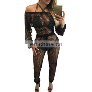 Sexy Club Women Mesh Jumpsuit Rompers See Through Exotic Playsuits Off Shoulder Night club Black Sheer Overall Summer