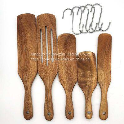 Natural Teak Kitchen Wooden Spurtle Utensil Set Heat Resistant Non Stick Wood Cookware With Hanging Hole, Slotted Spatula Sets photo-2