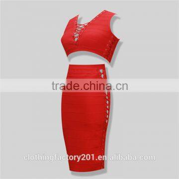 2016 New Fashion Sexy Evening Party Sleeveless Red 2 Pieces Bodycon Bandage Summer Dress