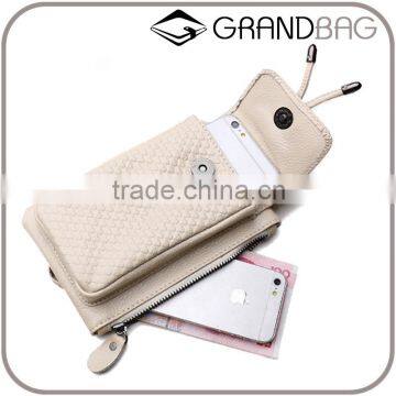 fashion weaving handmade cell phone sling bag, leather phone wallet bag, genuine leather mobile phone shoulder bag for women