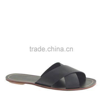 Elegant cross strap flat sandals black woman leather slipper sandal