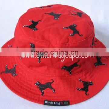 kids black dog cotton twill bucket hats