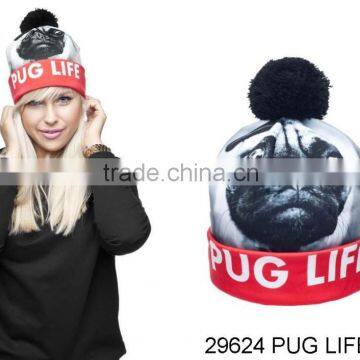 2015 latest top selling pug cartoon characters beanie hat printed 3d beanie