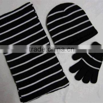 Black stripe knitting set custom acrylic winter knitted hat scarf