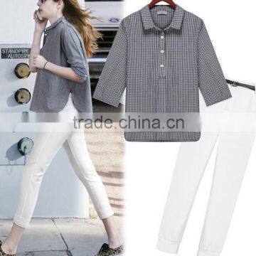 women suit Plaid shirt and white trousers woman shirt