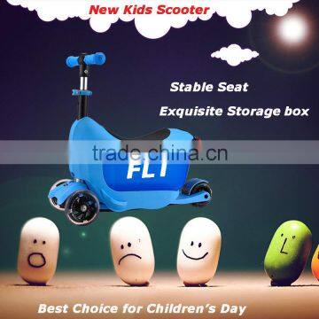 Popular design 3 in 1 kids kick scooter with storage box and stable seat