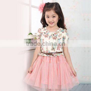 Wholesale Hot Selling 2015 Fashion Summer Comfortable Cotton Children Beautiful Floral Casual Short Sleeve Belt Girls Dress E85