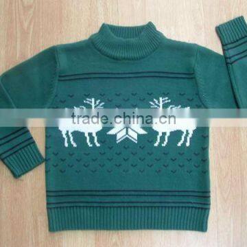 Deer design green sweater high collar knitwear pullover jacquard for child new arrival