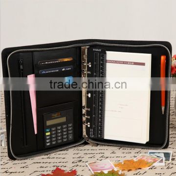 A5 pu leather zipper portfolio, leather portfolio with calculator