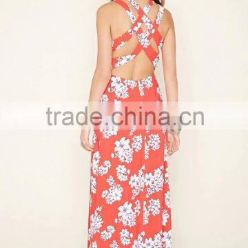 2016 Fashion Printed Floral Cutout-Back Maxi Dress For Women