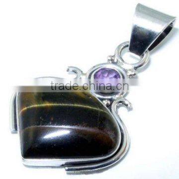 Sterling Silver tiger eye EYE & AMETHYST Pendant, Semiprecious Pendant, eternity ring