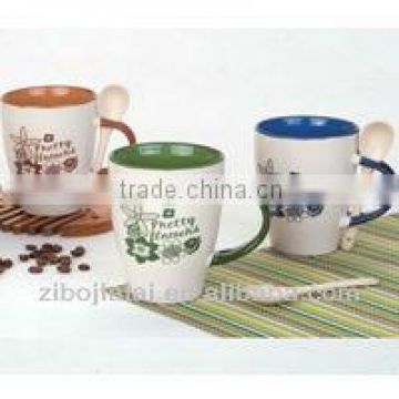 12oz Drum Shape Inner Glazed Ceramic Spoon Mug with Decals