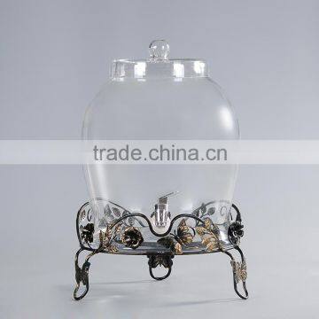 glass beverage dispenser with tap and metal stand