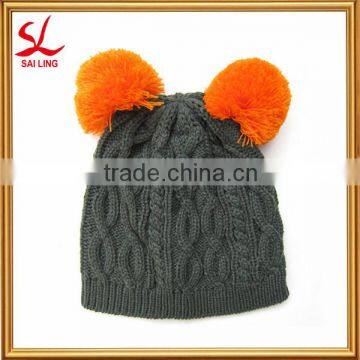Colorful Twist Cable Knit Solid Color Baby Winter Beanie Hat with Double Pom Pom