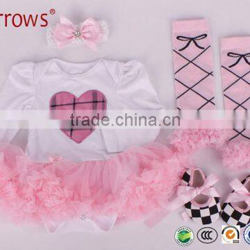 Baby Girl Long Sleeve Rompers With Tutu Dress+Headband+Shoes+Leggings 4Pcs Set Infant Summer One-piece suit