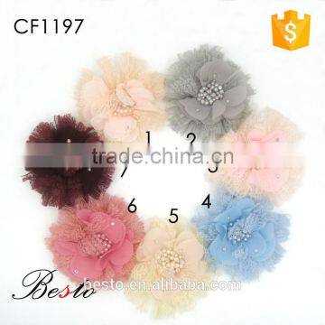 Factory wholesale decorative hair flower pearl center chiffon flower for hair