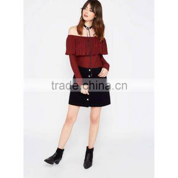 Guangzhou Clothing Long Sleeve off Shoulder Ruffle Knit Top Latest Saree Blouse Designs photo-3