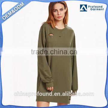 Olive Green Drop Shoulder Distressed Sweatshirt Dress, Women Casual Dress