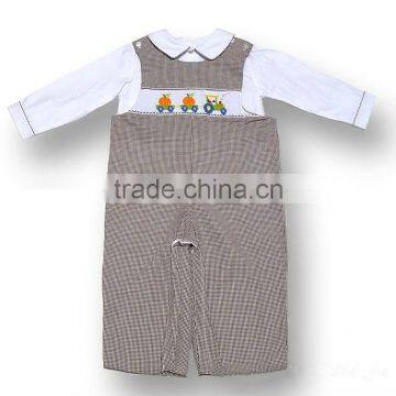 Baby Boys Brown Gingham Smocked Pumpkin Train Longall