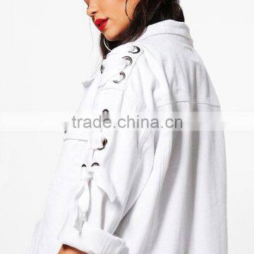 Lace up Eyelet White Denim Jacket New Fashion Wholesale Women Street Wear photo-5