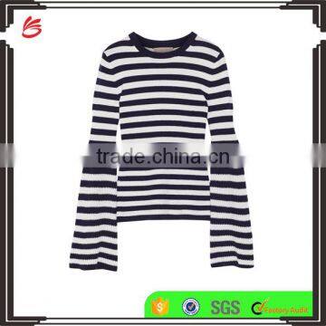 Among Best Selling Bell Sleeved Navy Blue and White Striped Women Spring Sweater