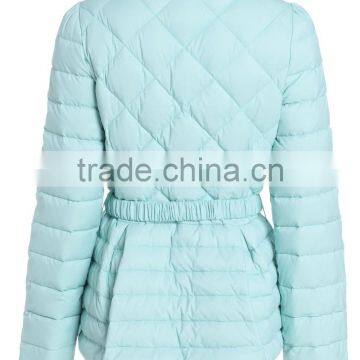 Womens Light Blue Slim Fit Button-up Down Jacket With Adjustable Elastic Belt photo-3