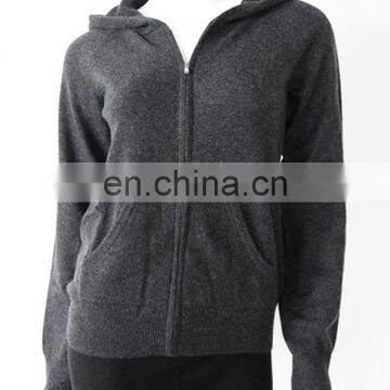 Hot selling 100% cashmere women zip front hoodie sweater